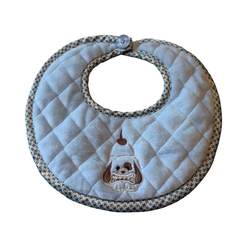 Bearington Baby Collection Quilted Plush Puppy Dog Bib Blue Brown Button Closure